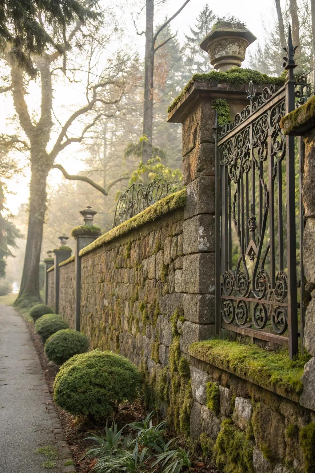 An elegant stone wall enhanced with artistic ironwork.