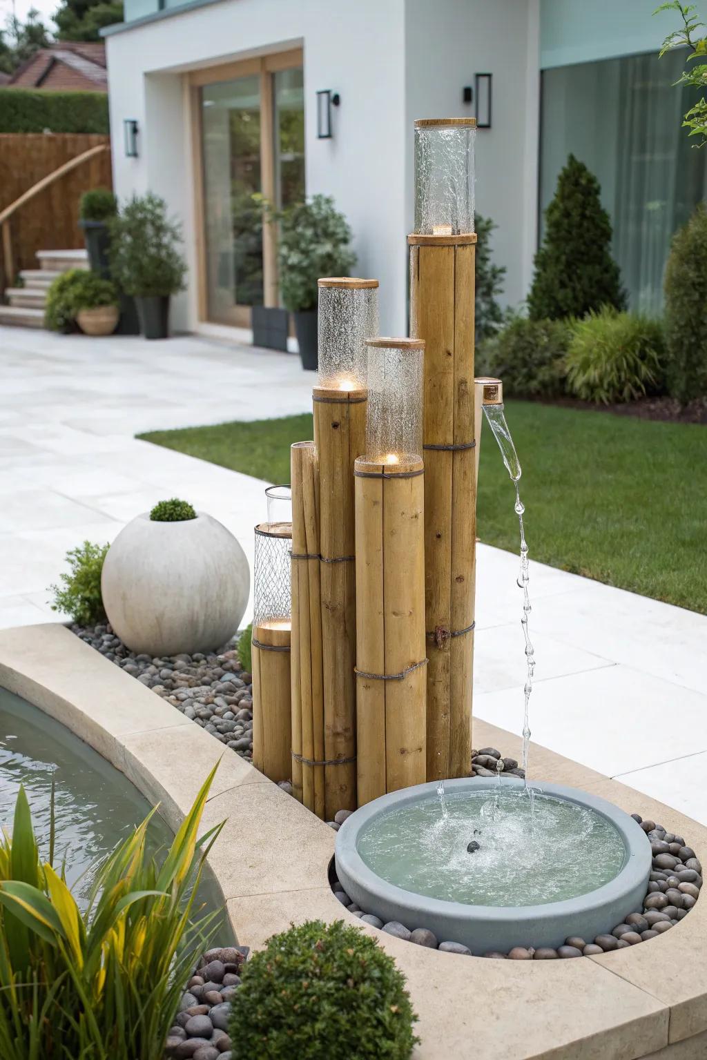 A modern bamboo fountain with tasteful glass features.