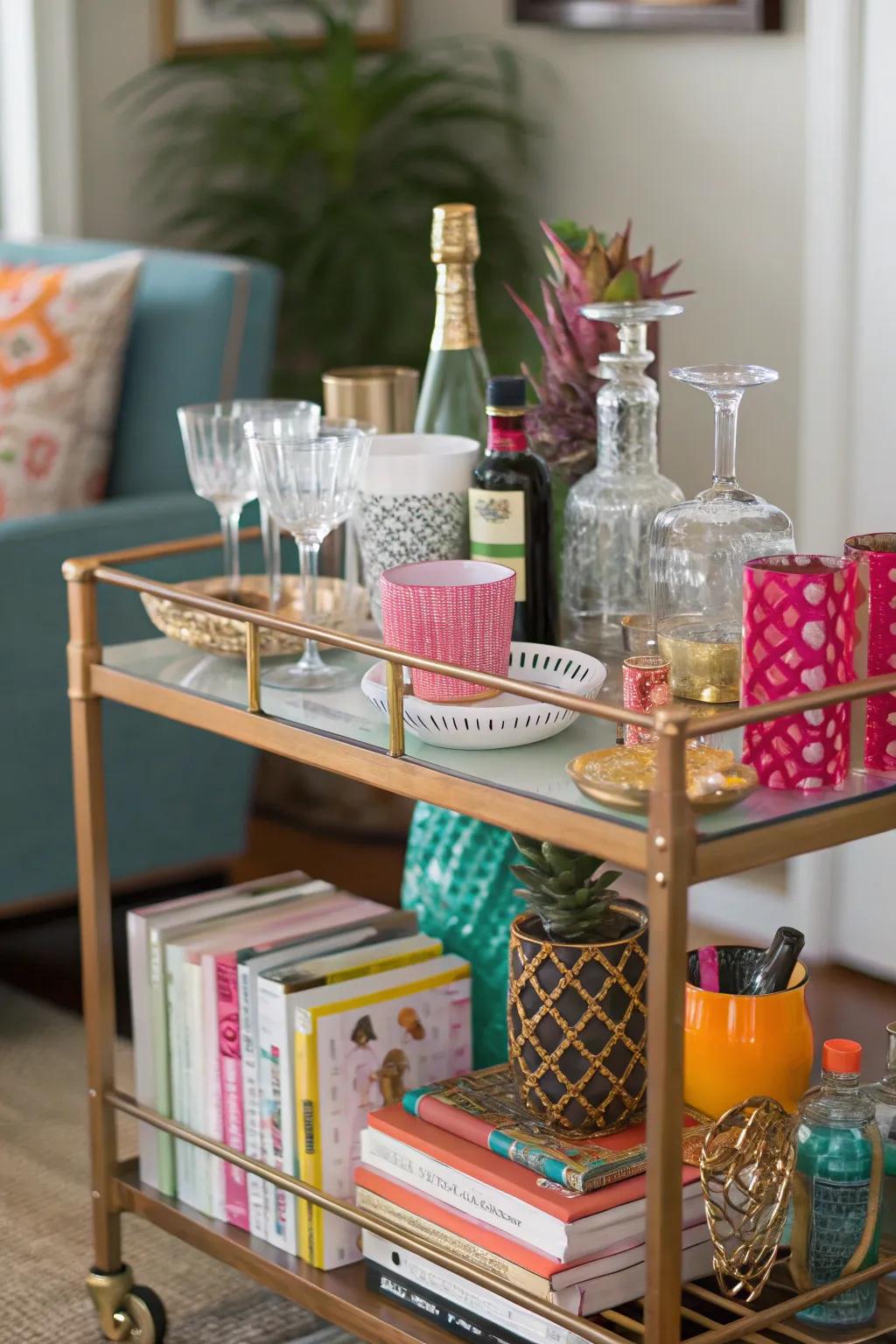 An eclectic mix adds unique character to the bar cart.