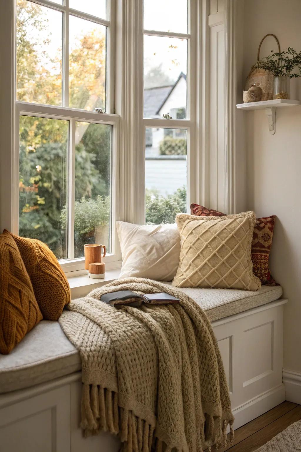 Knitted cushions bring warmth and texture to your bay window seat.