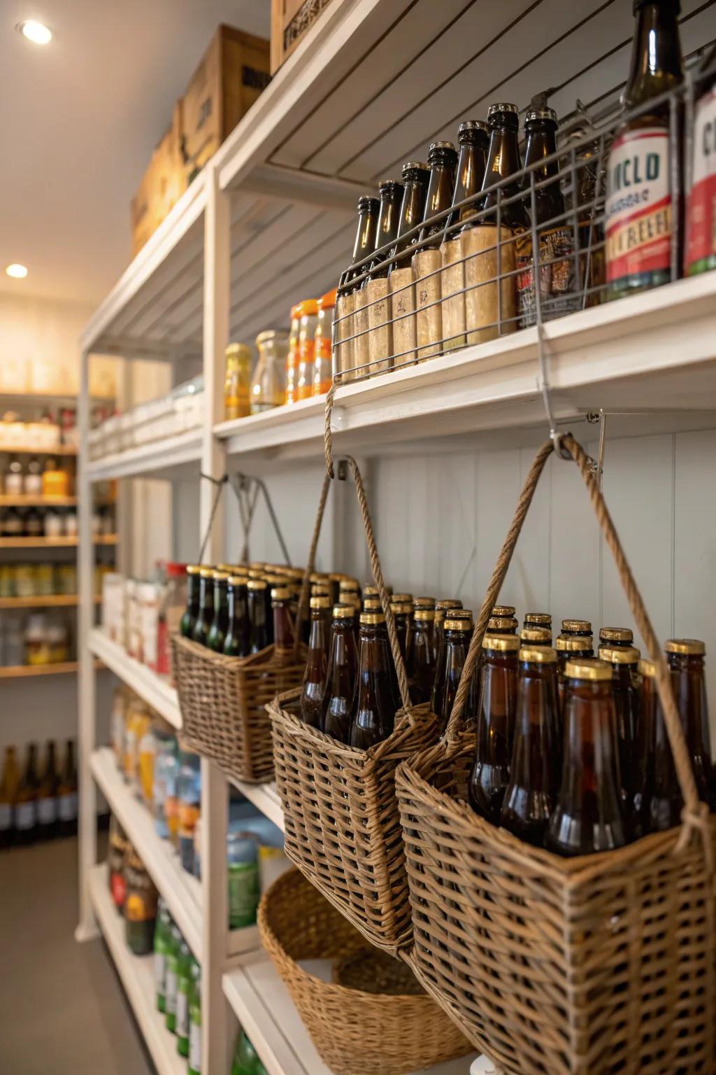 Pantry with hanging baskets storing beer bottles in a quirky way.