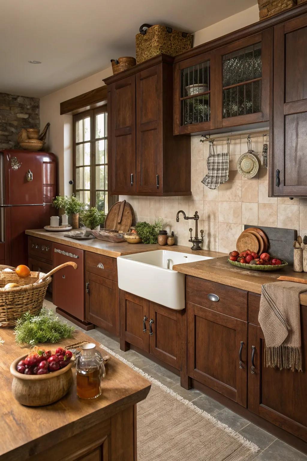 A warm and inviting kitchen with bold brown cabinetry.