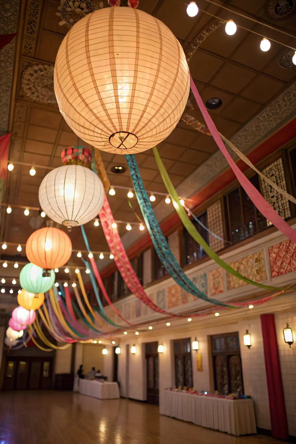 Surprising overhead decor crafts a lively atmosphere.