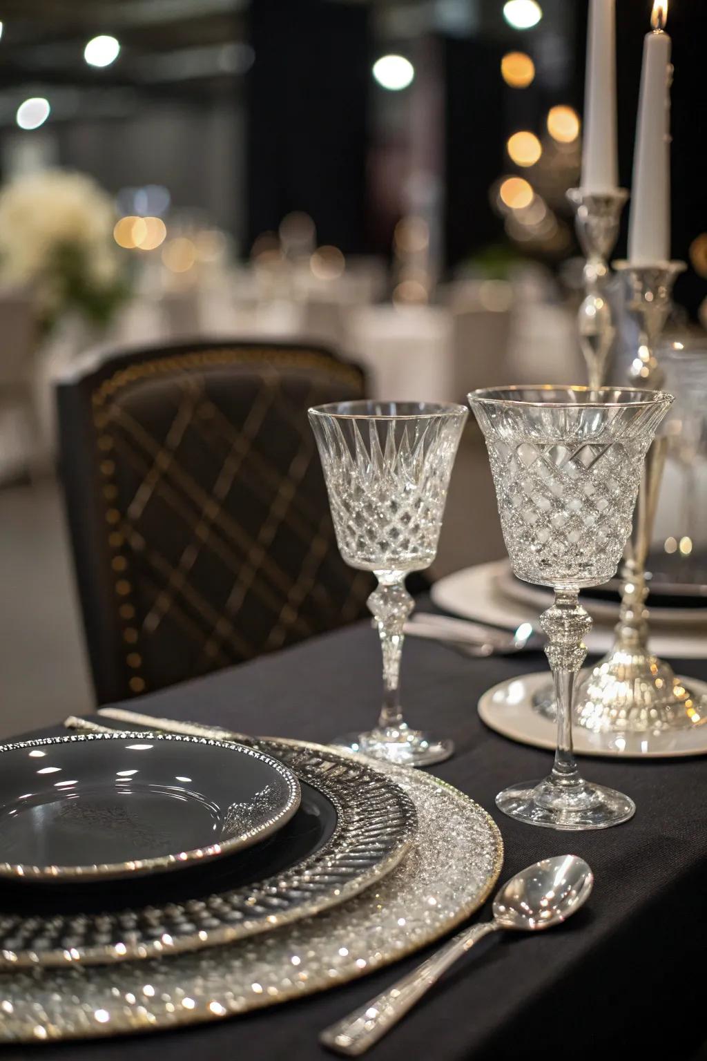 Crystal glassware adds a luxurious sparkle to the table.