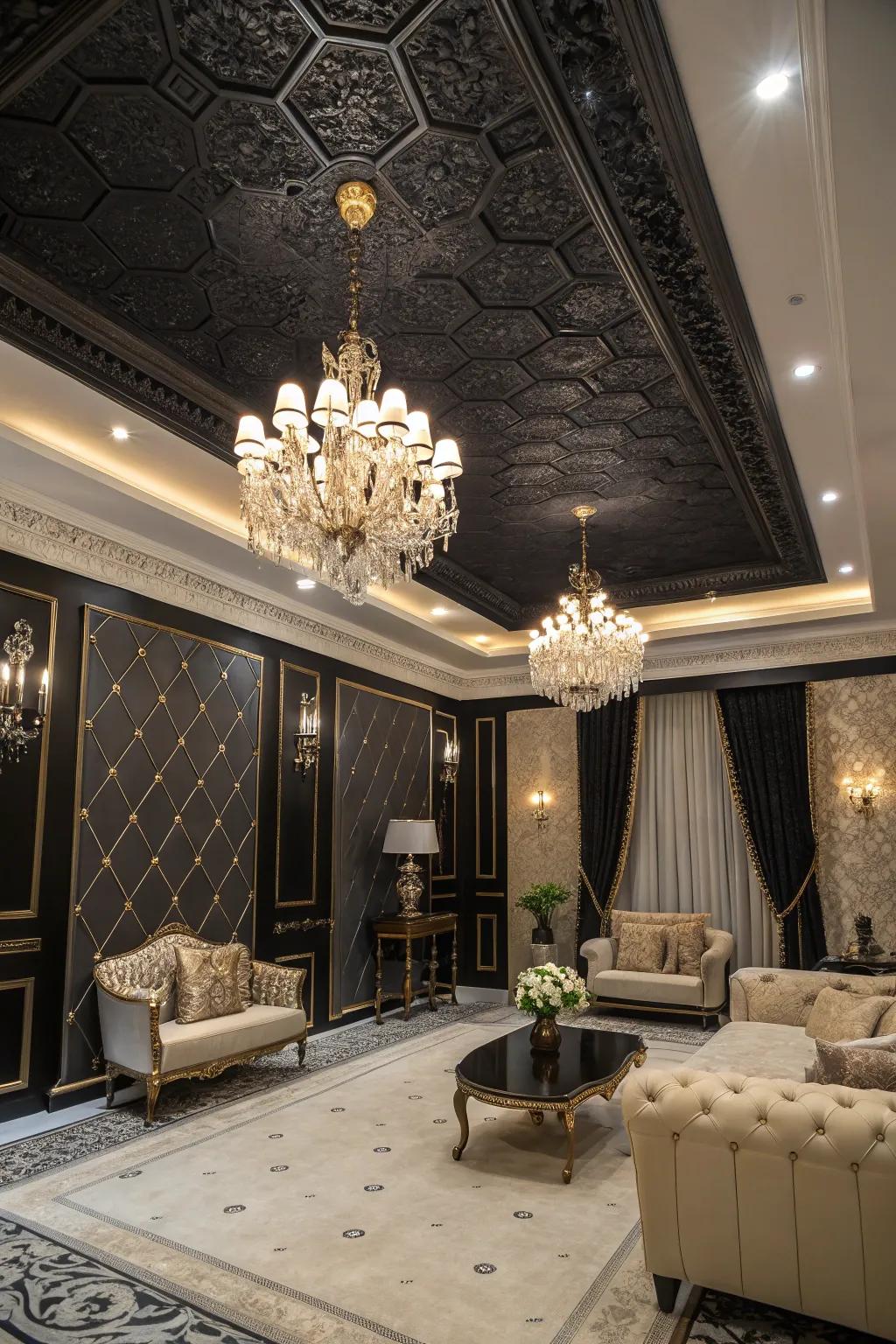 Black painted ceilings create a dramatic and cocooning effect.