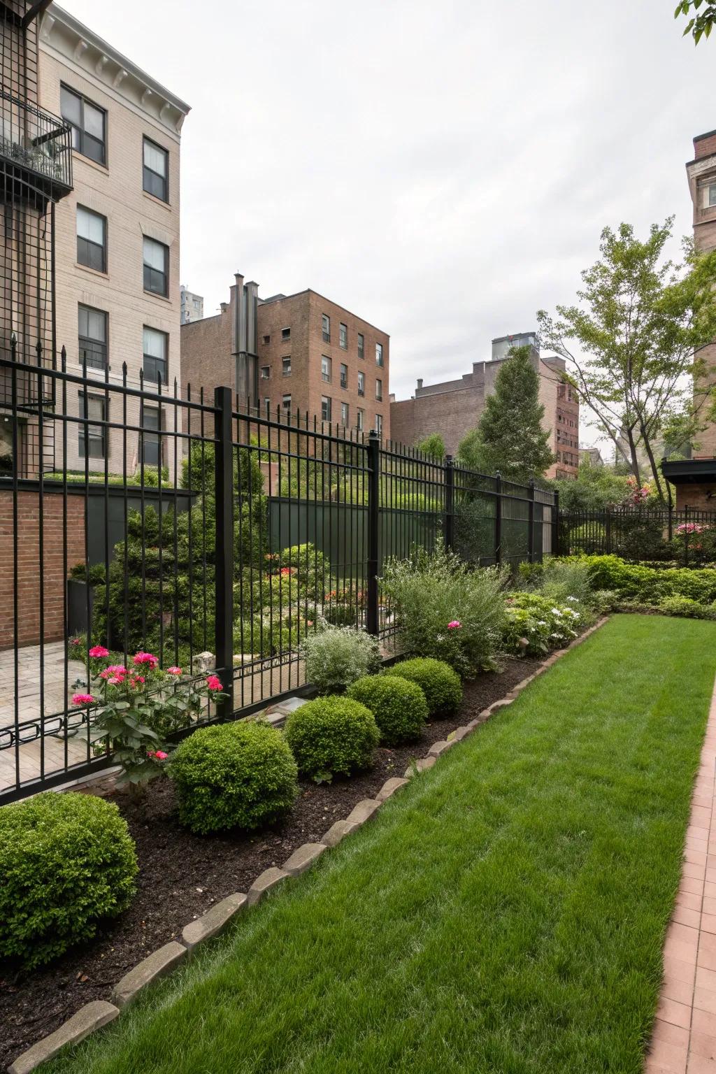 Craft a peaceful retreat in the city with a black wire fence.