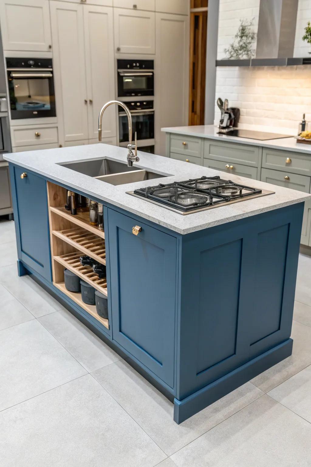 Functional features make the blue island a versatile kitchen hub.