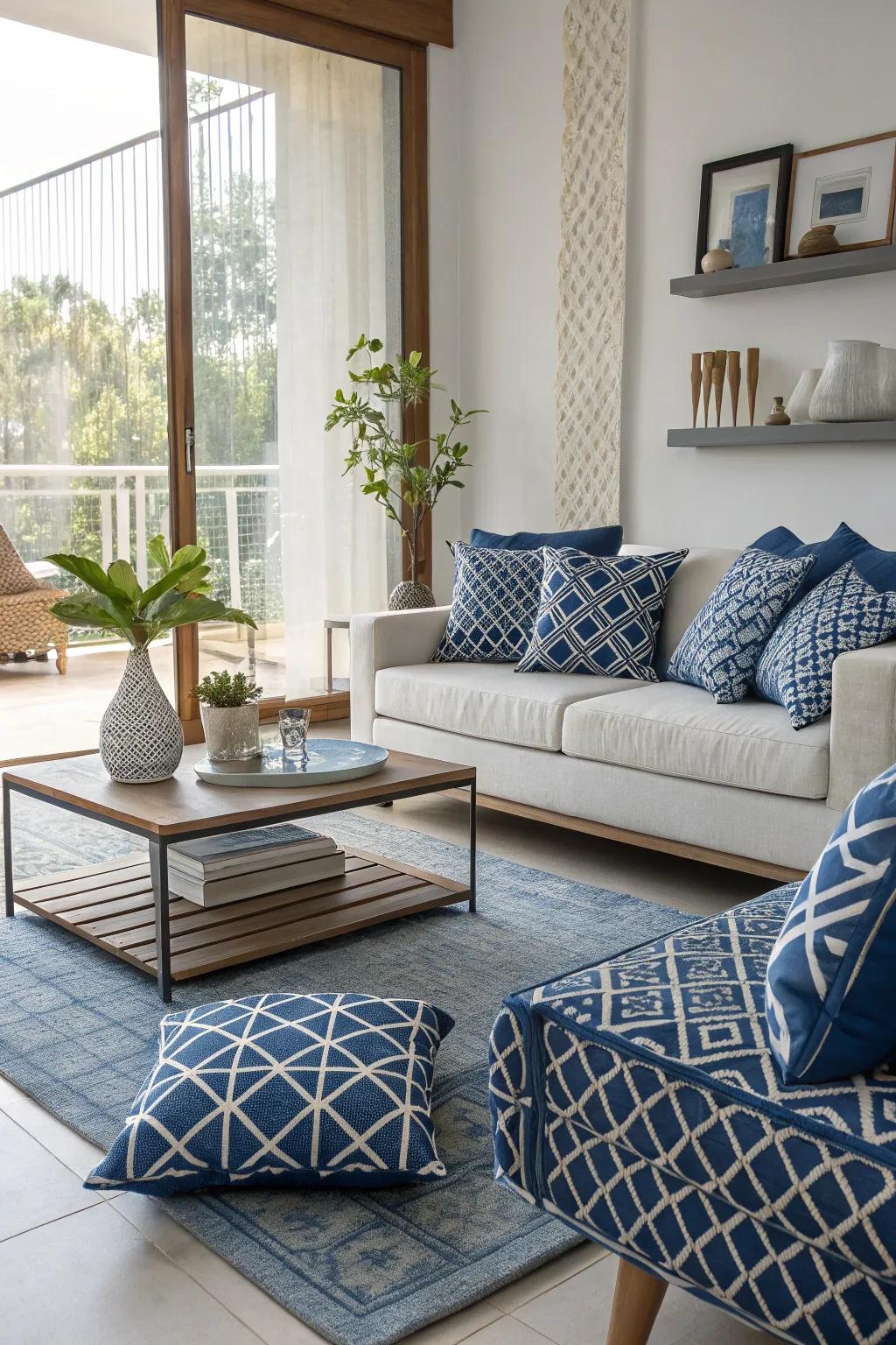 Geometric patterns in blue add a modern twist to this stylish living room.