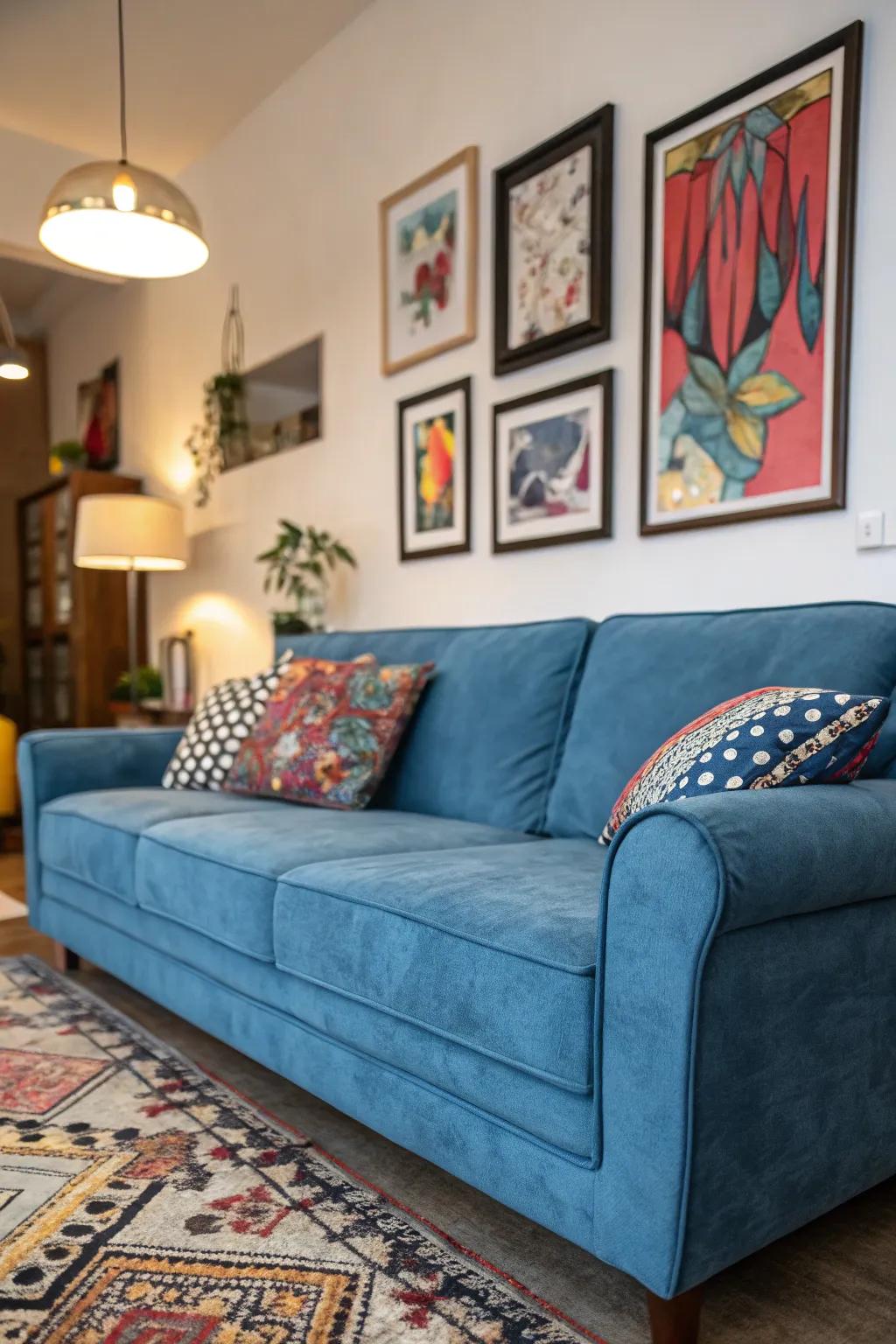 Bold art pieces make a statement above a blue settee.