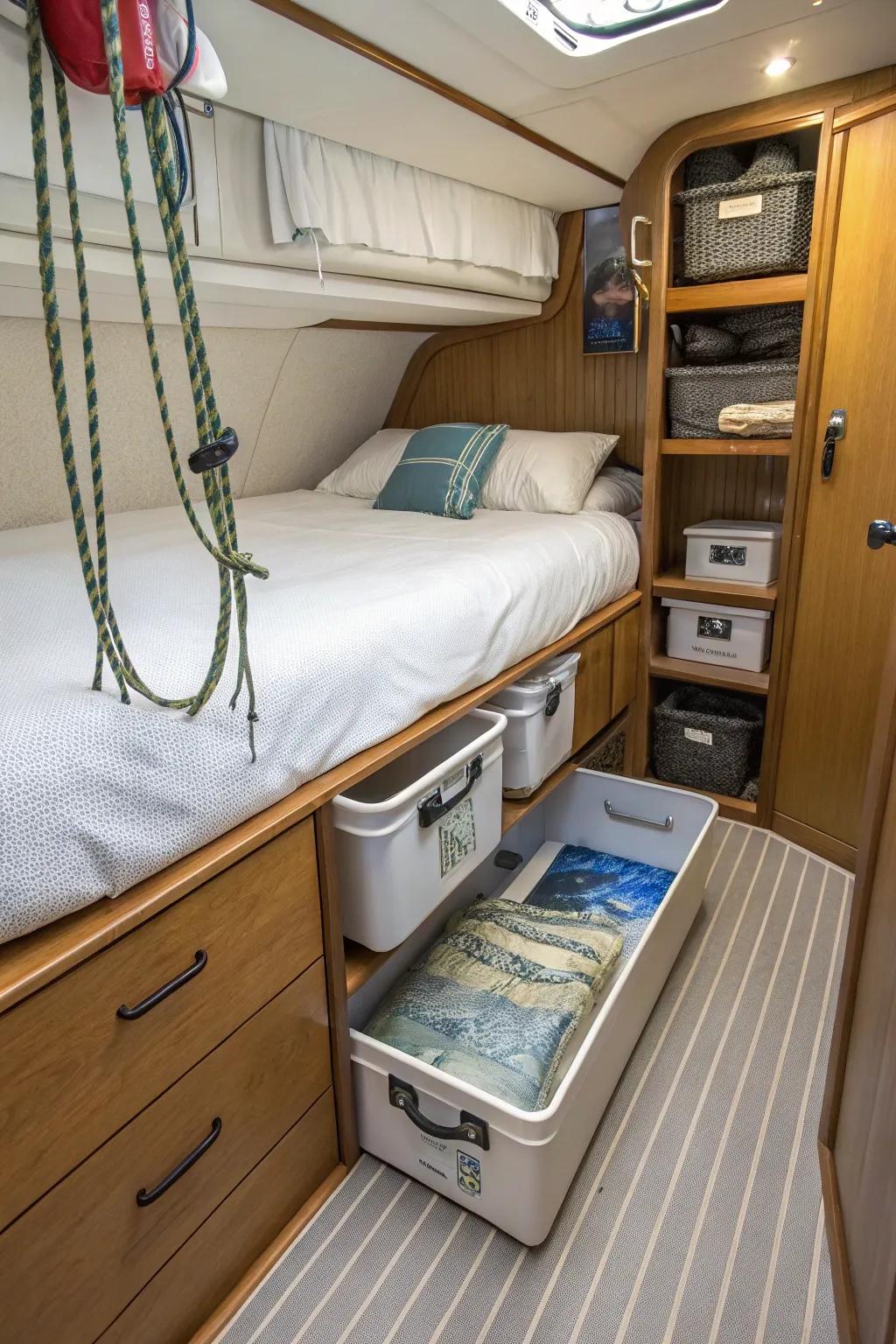 Sub-slumber surface stowage resolutions within a vessel bedroom.