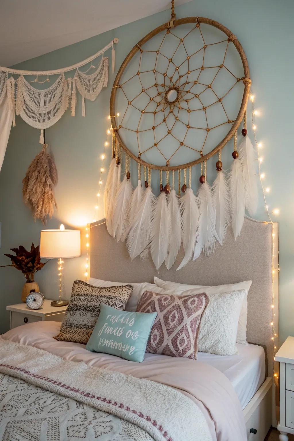 A dreamcatcher adds a whimsical boho touch above the bed.