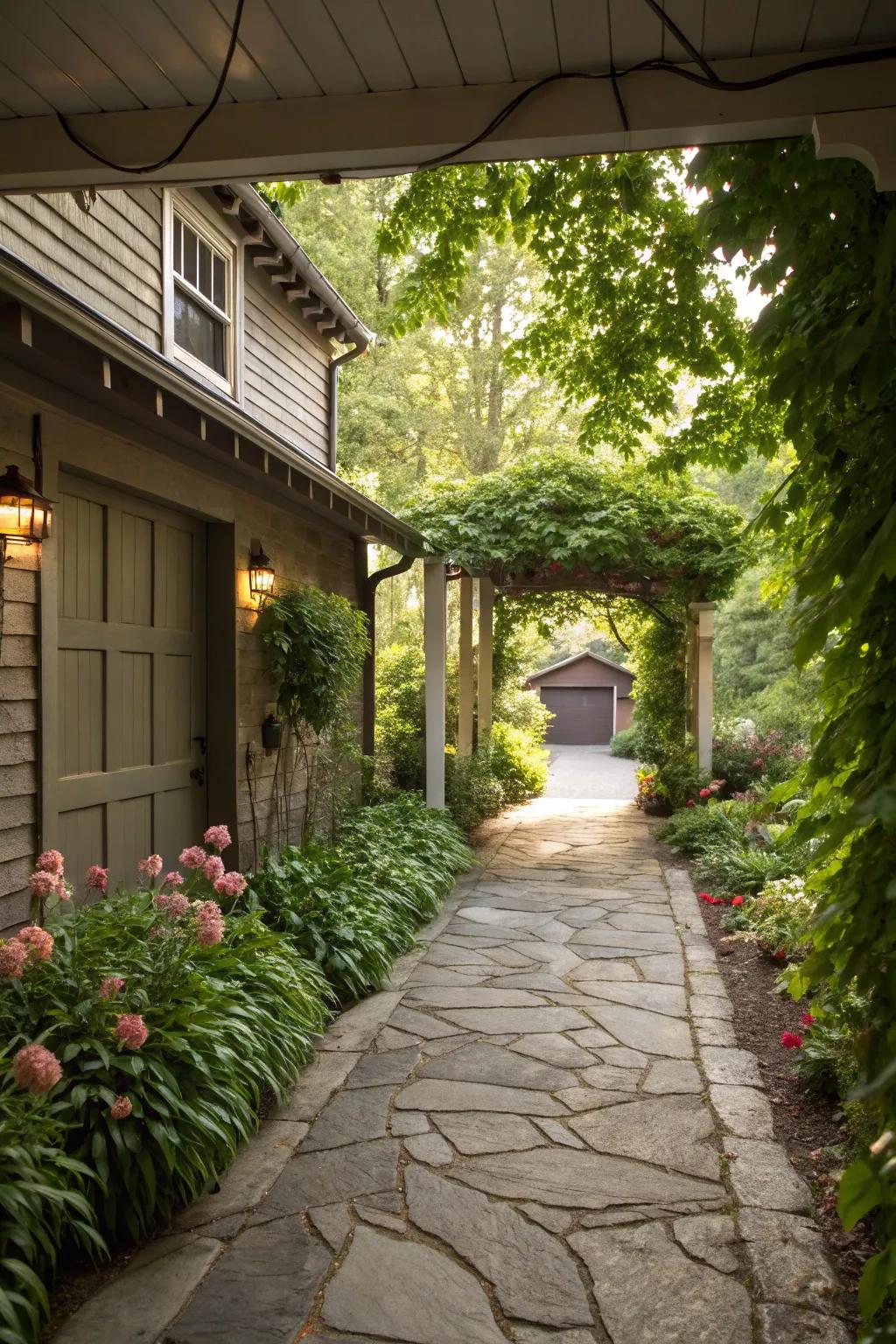 A rustic stone pathway breezeway that offers a natural and welcoming feel.