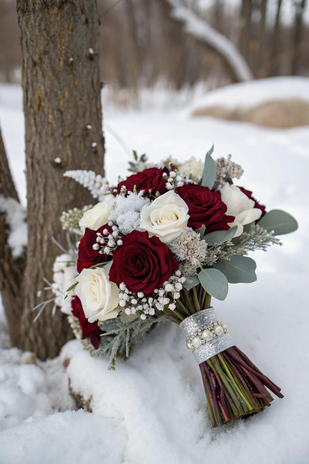 Winter-themed burgundy bouquet with white and silver accents.