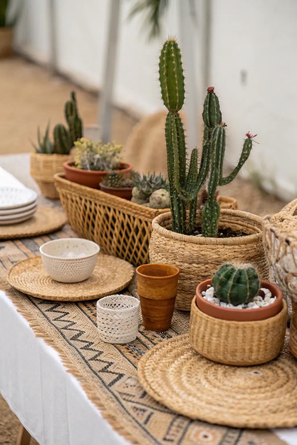 Bohemian sensations with cacti and interwoven textures cultivate a relaxed setting.