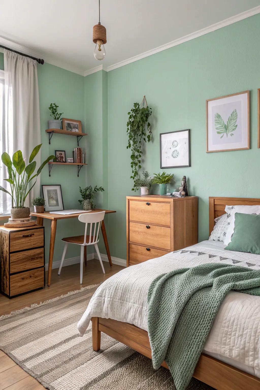 Mint green walls provide a crisp and clean feel.