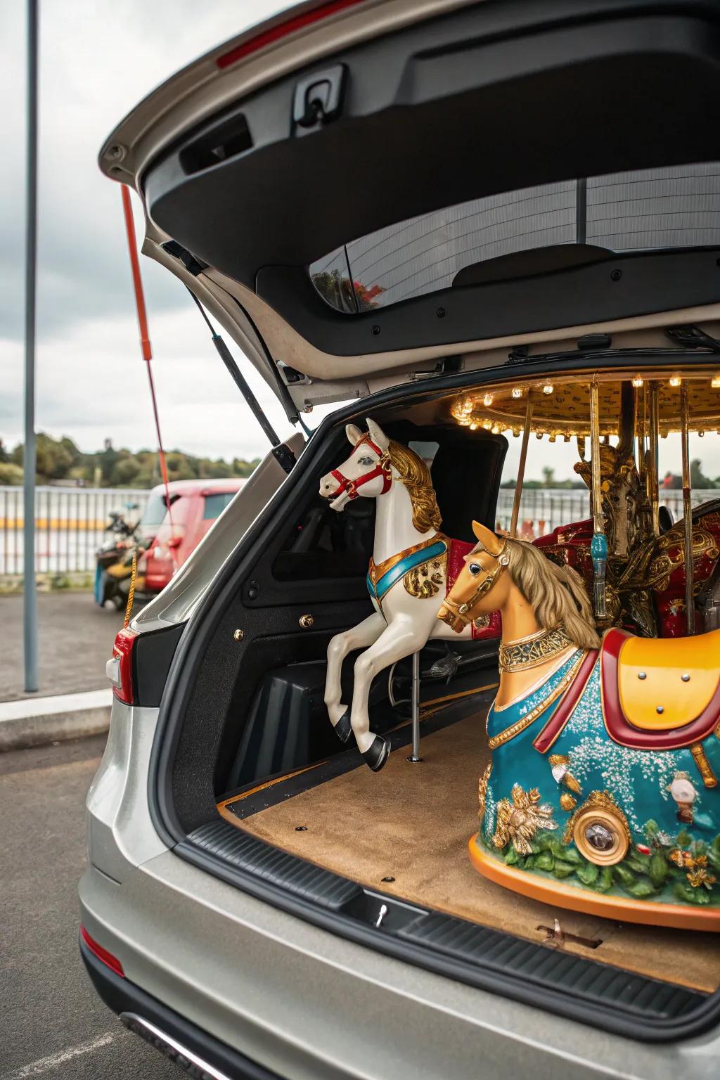 A whimsical carousel-themed trunk, full of color and charm.