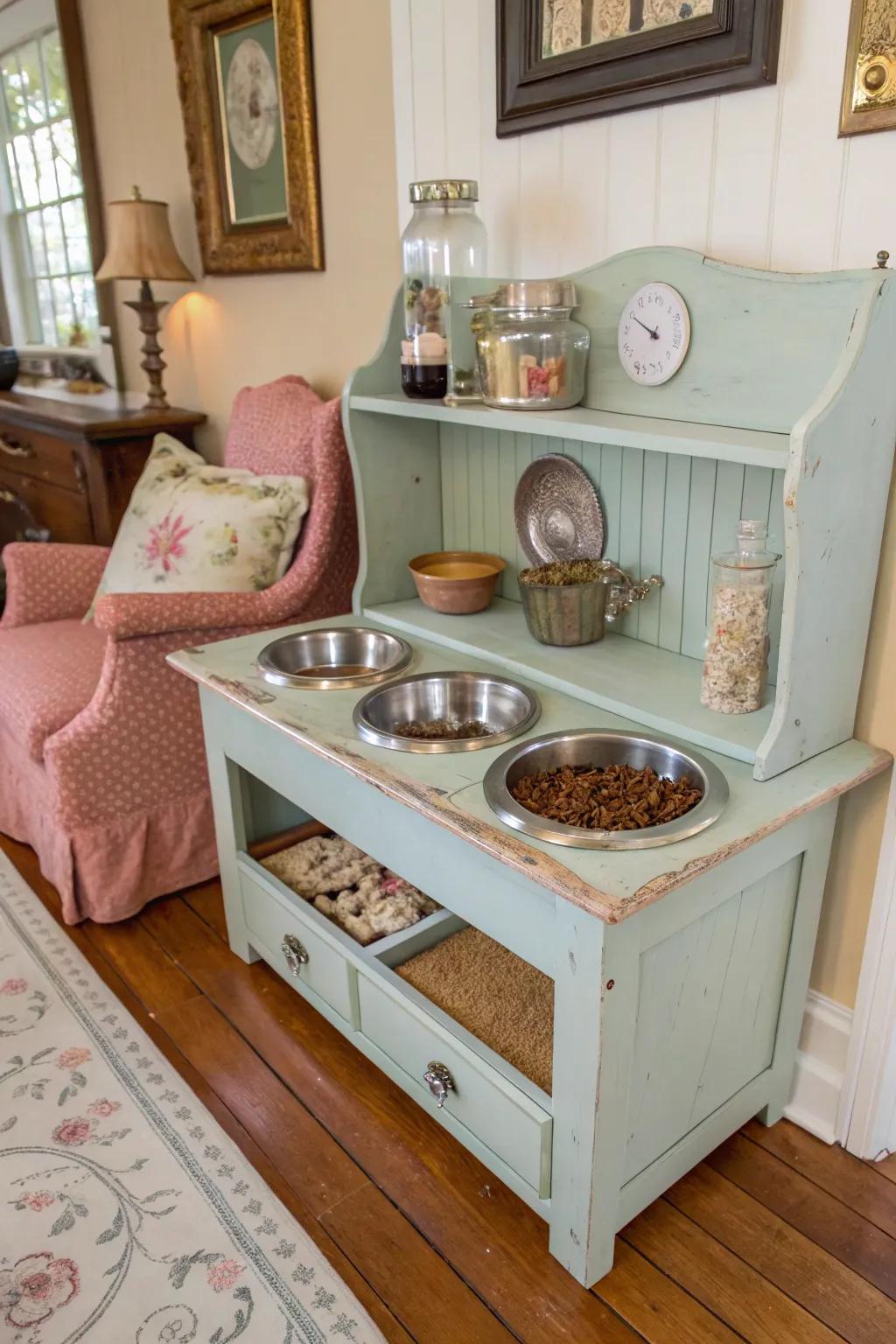 Incorporate vintage charm into your cat's feeding area with upcycled pieces.