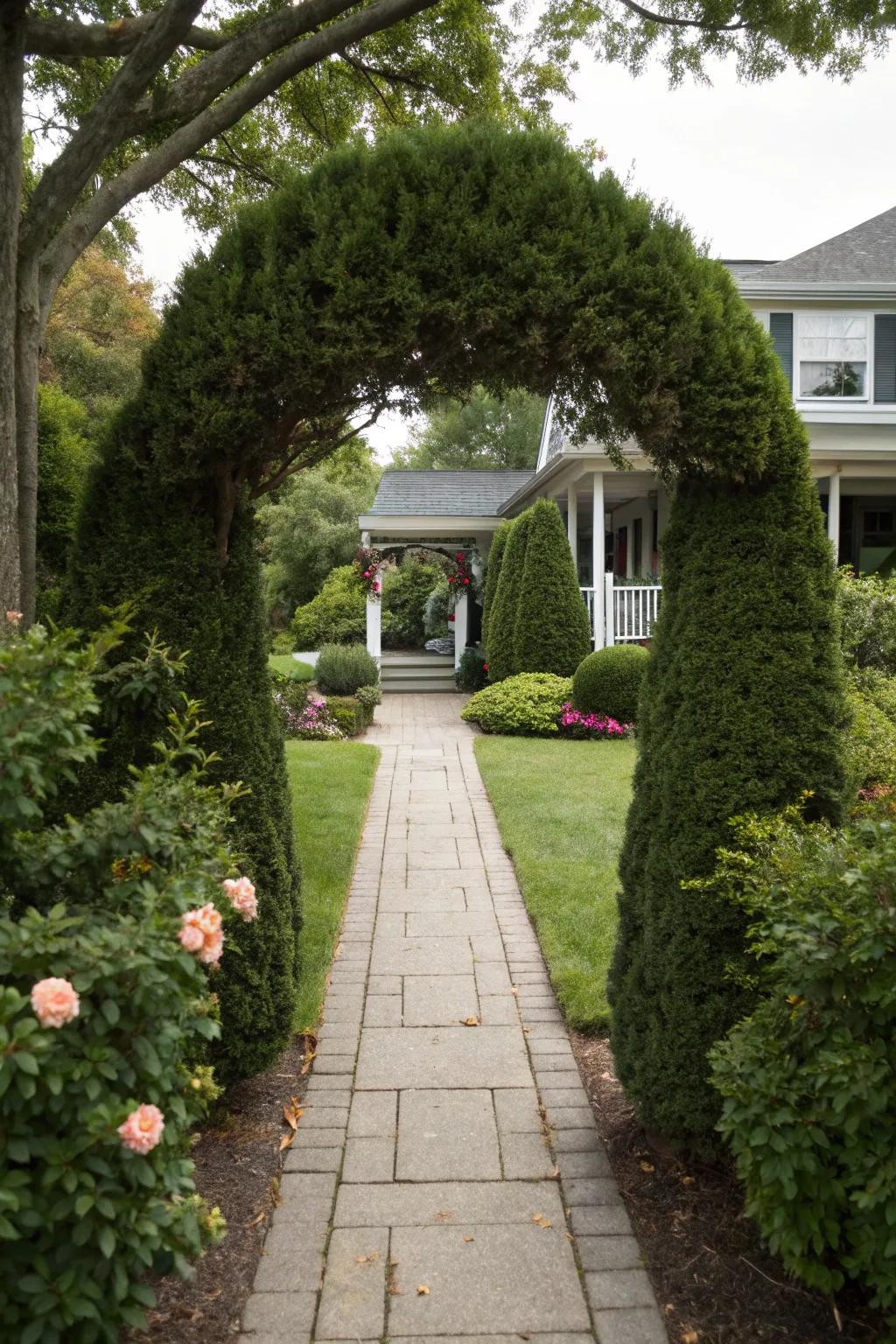 Bushes delineate your entryway, extending a gracious greeting.