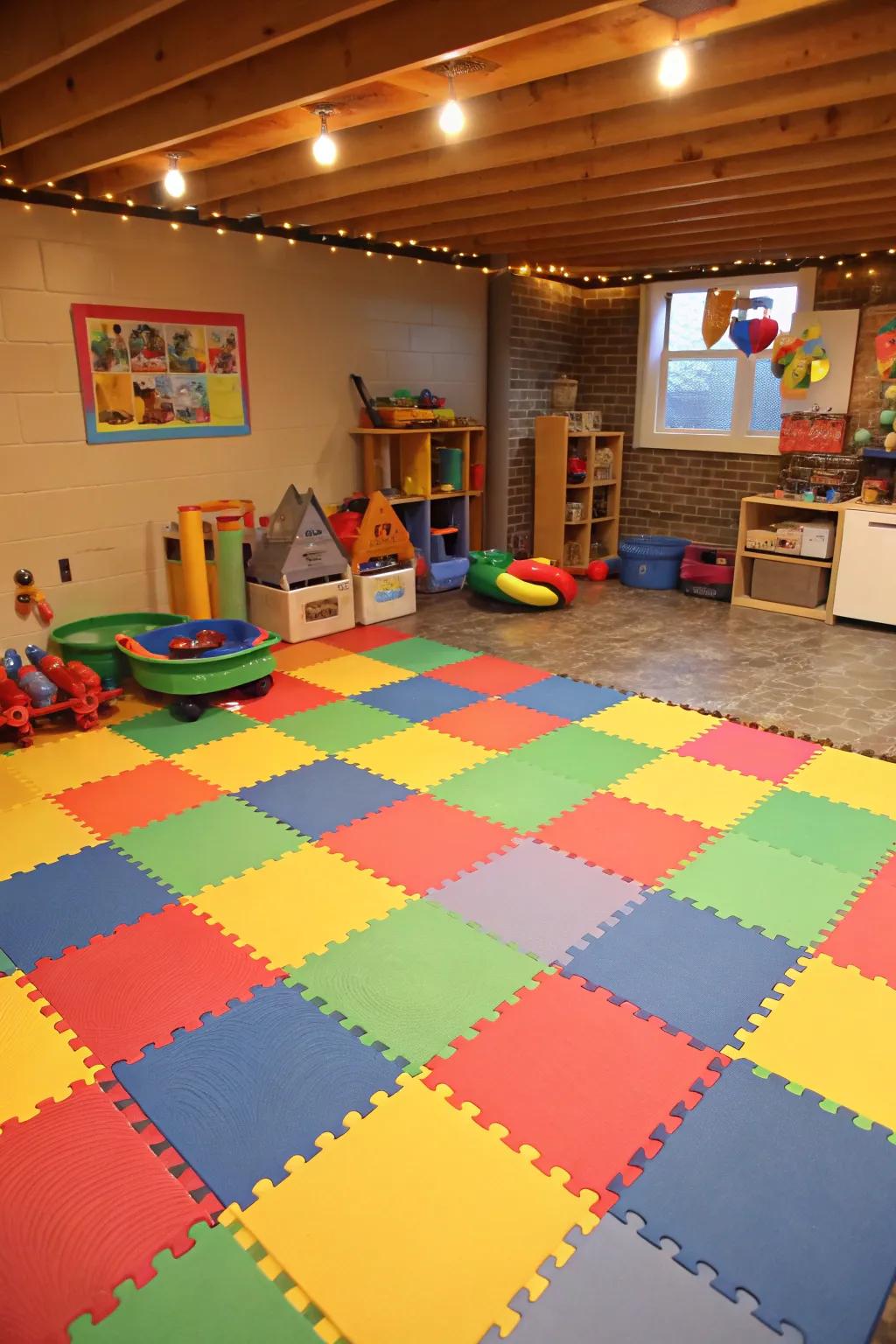 Foam tiles create a safe and playful environment for basement playrooms.