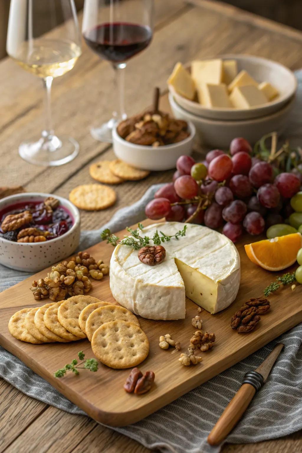 Cheese board with a striking cheese centerpiece.