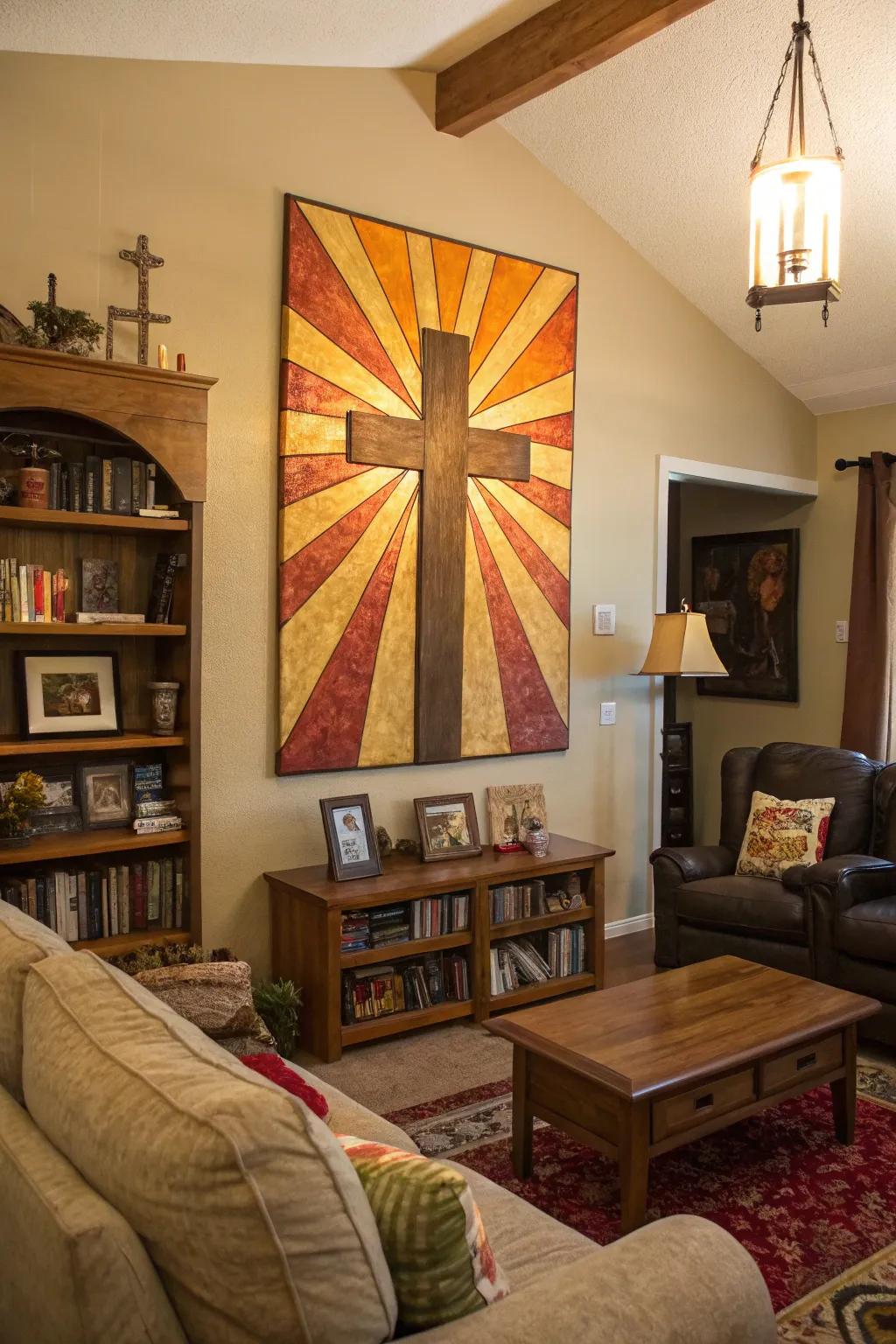 A sunburst cross painting fills your home with warmth and hope.