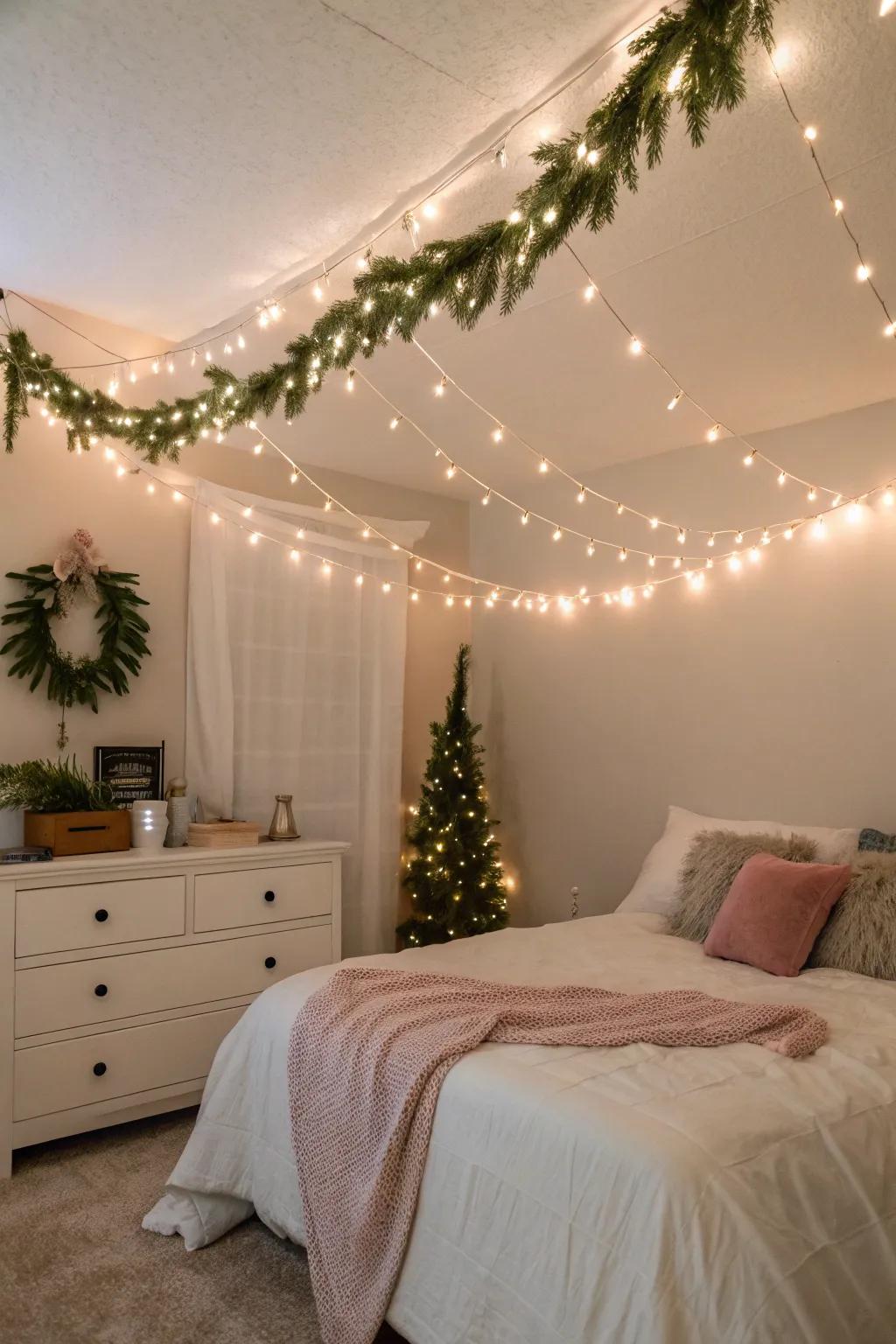 A bedroom transformed into a festive retreat.