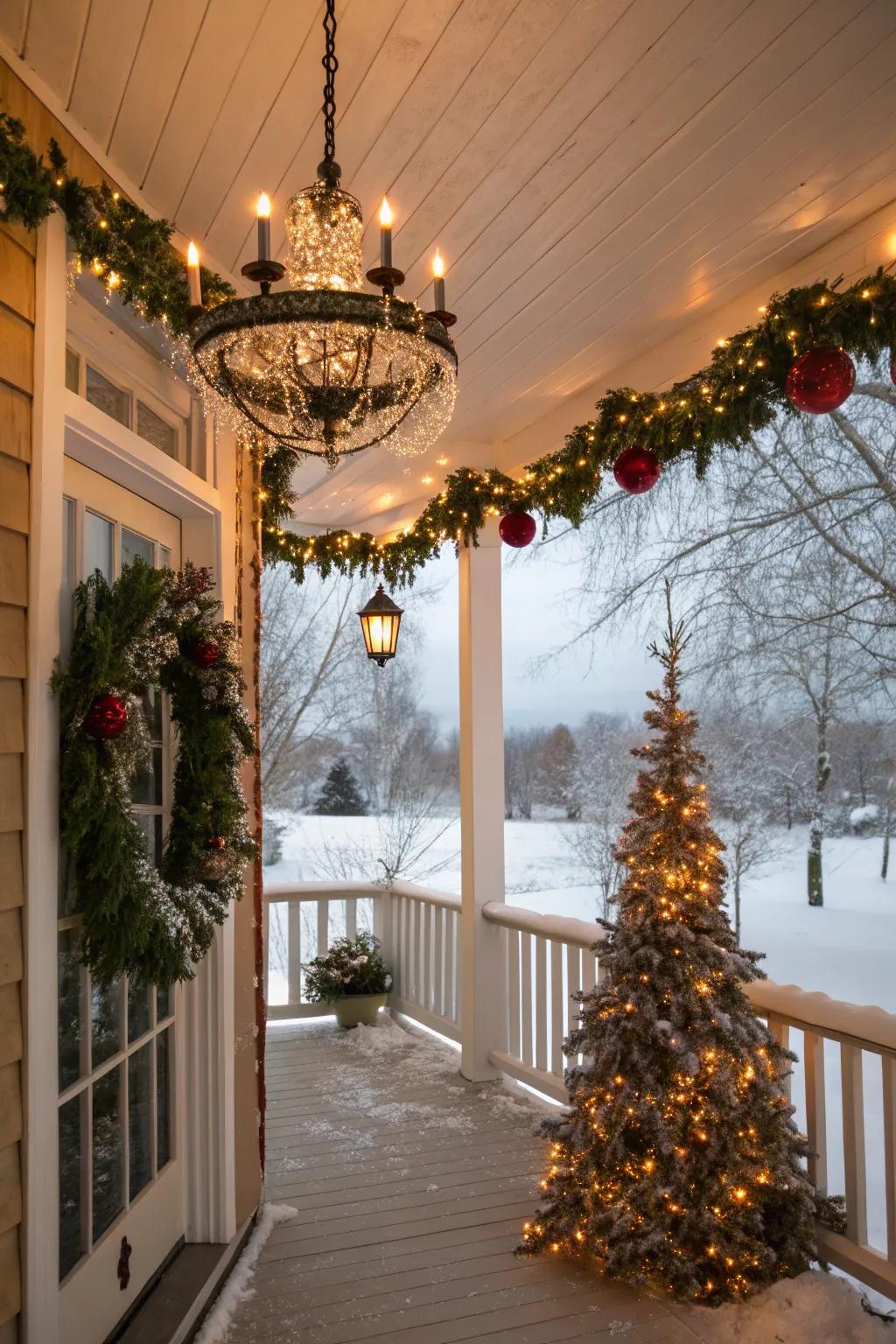 A chandelier adds an elegant surprise.