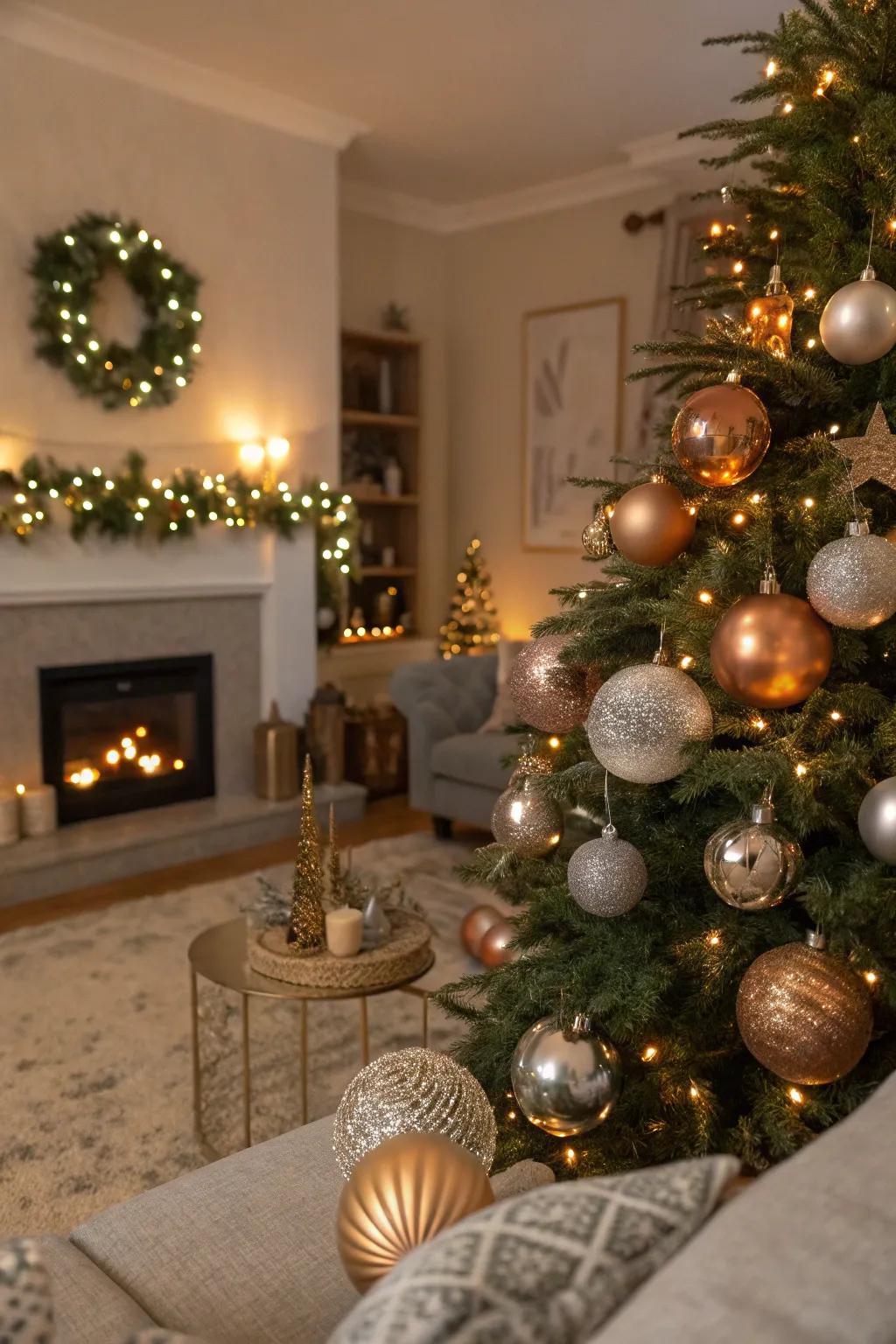 Gleaming metals with shimmering holiday ornaments.