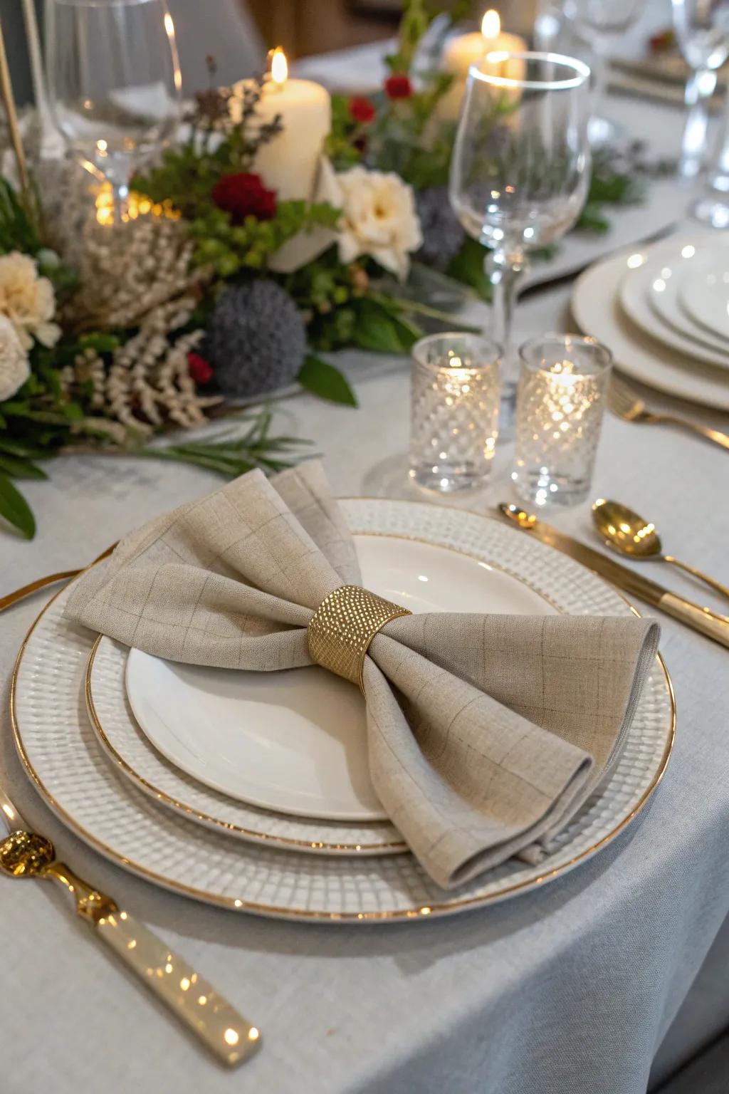 The ribbon tie napkin fold adds a playful detail to your decor.
