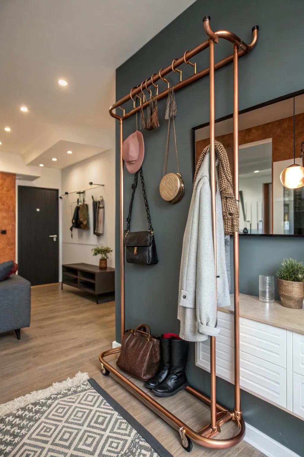 A chic DIY coat rack fashioned from metal tubes for a warm metallic accent.