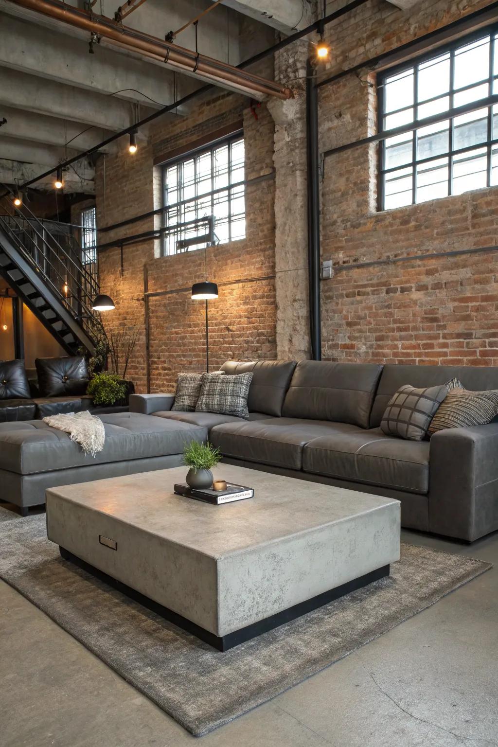 A concrete coffee table introduces an industrial edge to a cozy living room.