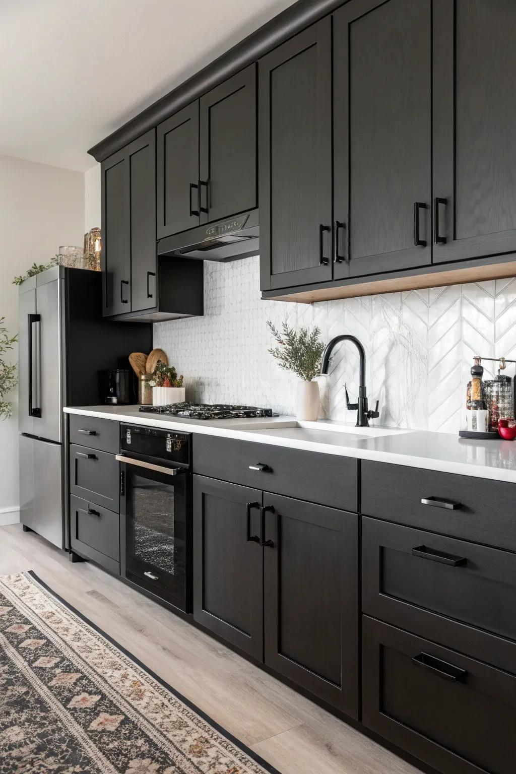 Dark cabinets paired with black hardware for a sleek and modern kitchen aesthetic.