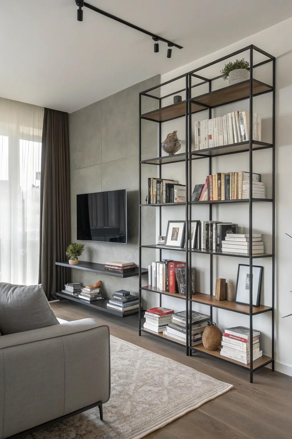 Metal shelves offer a sleek, minimalist aesthetic.