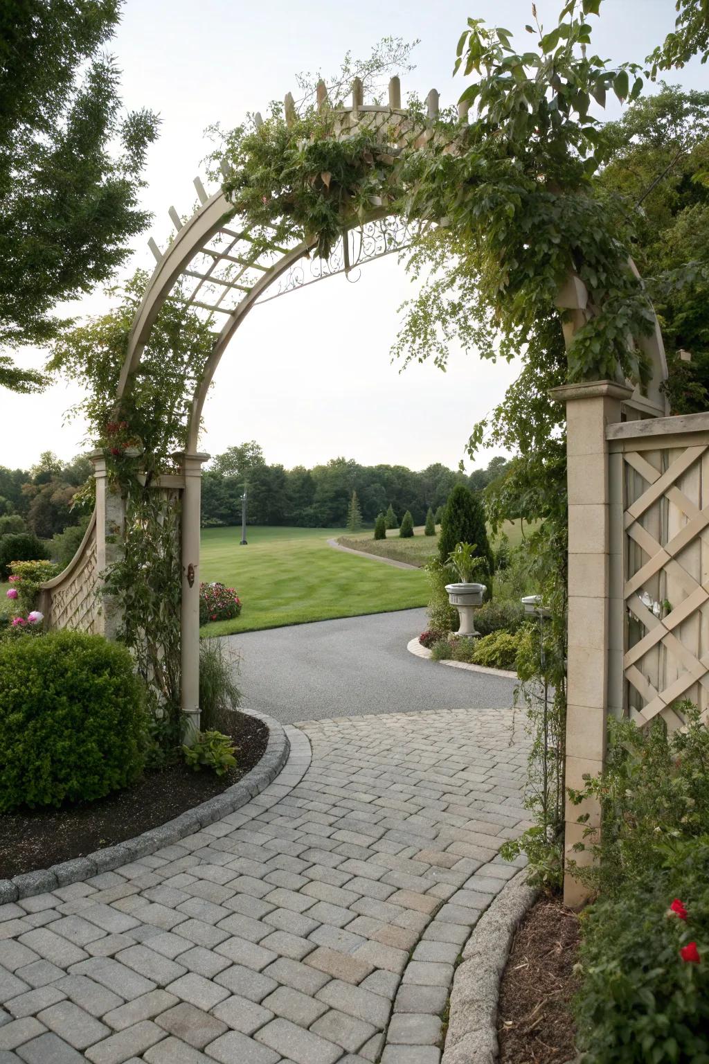 A decorative archway extending a warm welcome to the driveway.
