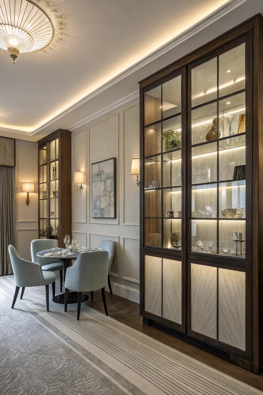 Iced crystal panels conjuring a sophisticated and enigmatic ambiance.