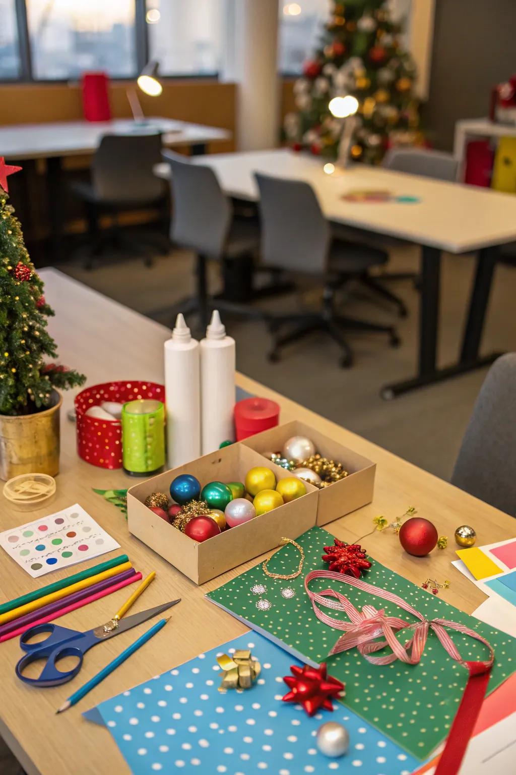 Get creative with a DIY ornament craft station at work.