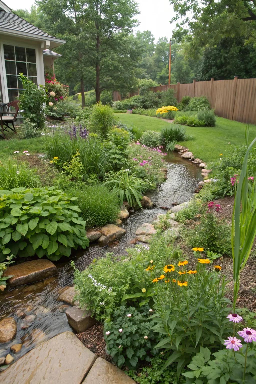 A rain garden manages runoff while enhancing the beauty of your creekside space.