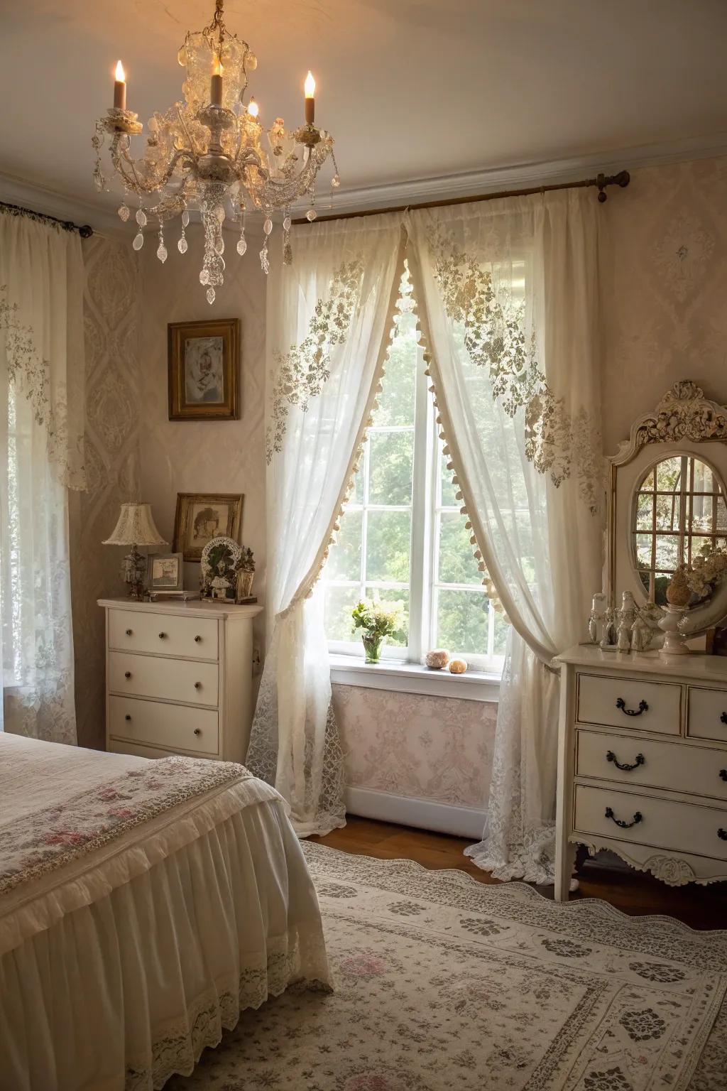 Incorporate vintage glamor into your boudoir through delicate lace valances.