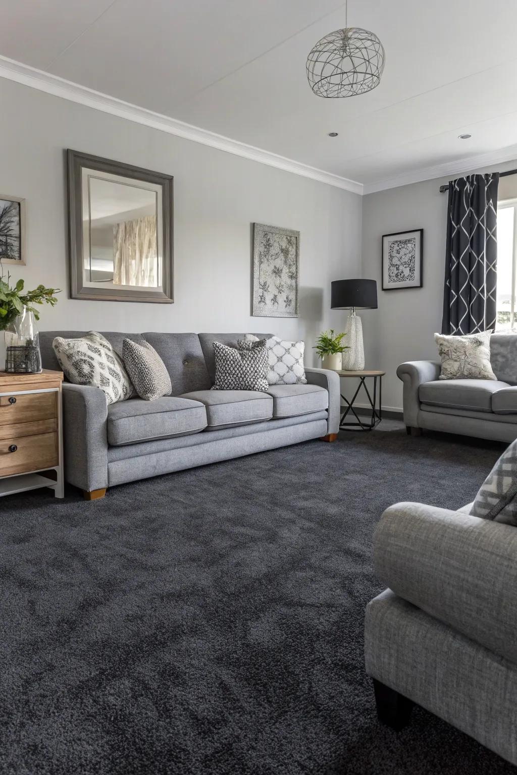 Monochromatic shades harmonize with a dark carpet.