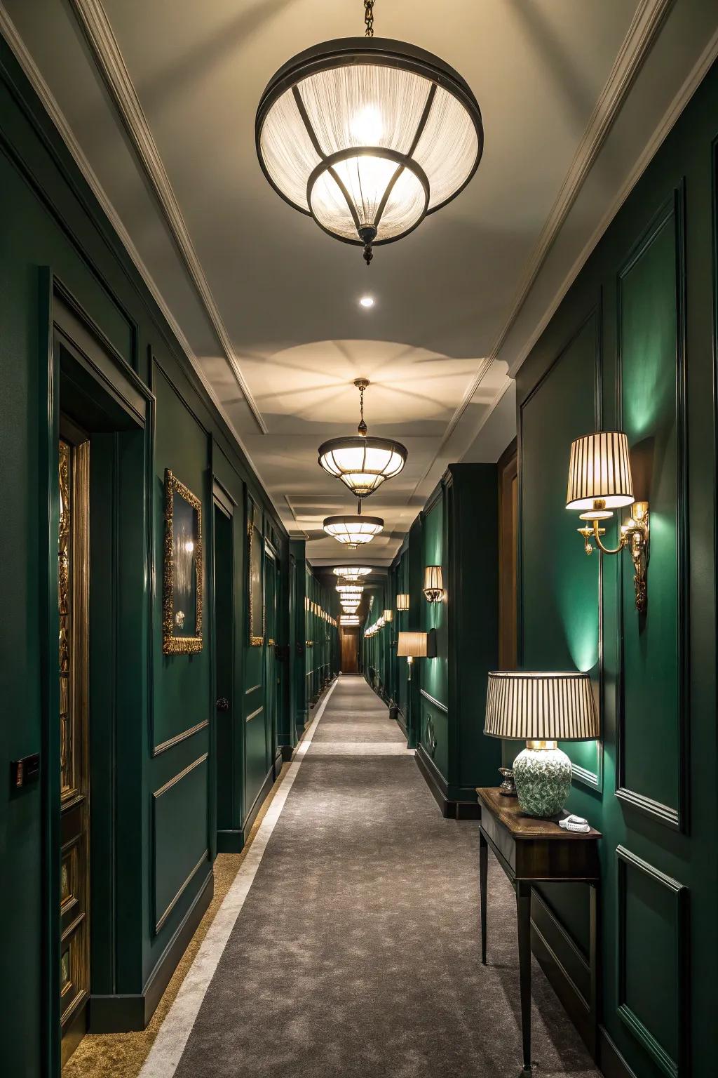 Layered illumination adds depth to the forest green hallway.
