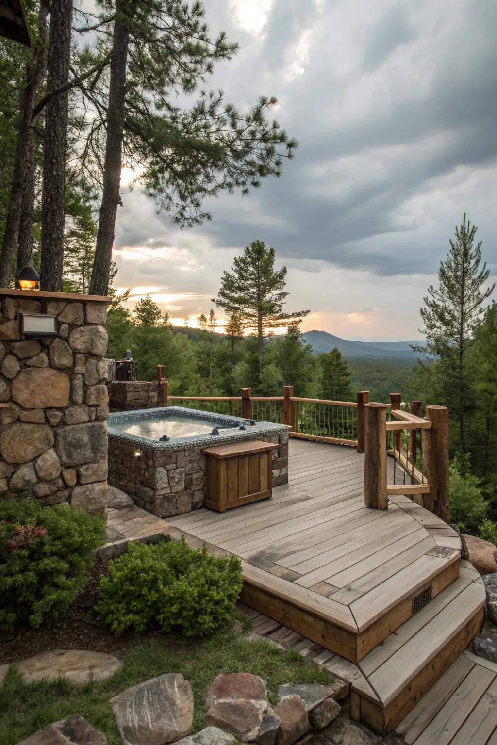 Rustic elements bring a natural feel to the hot tub deck.