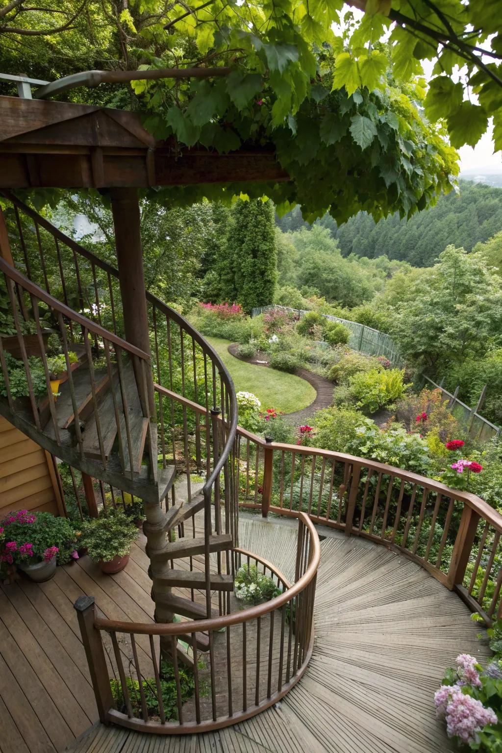 A spiral staircase adds elegance and functionality to this multi-level deck.