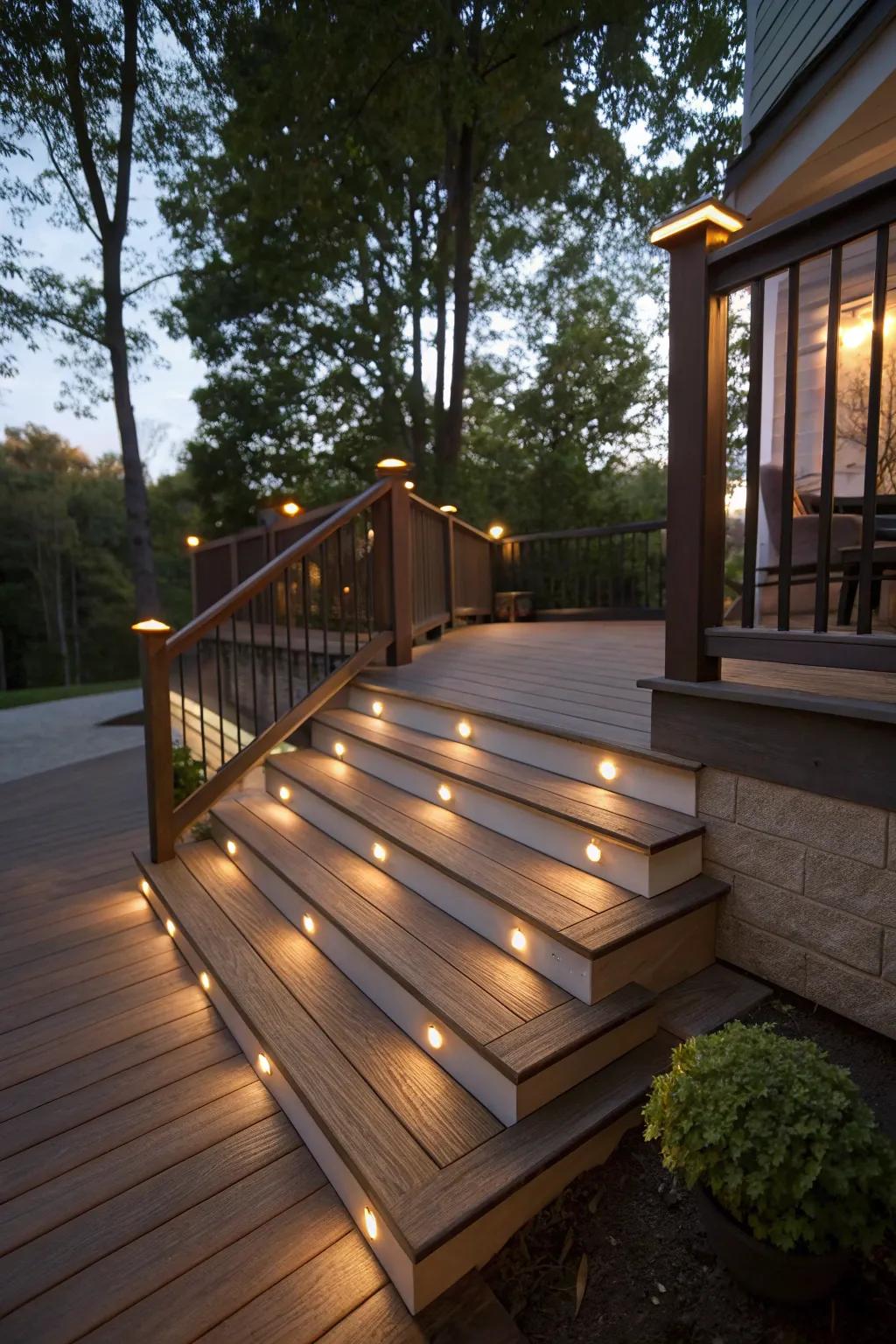 Deck steps with integrated lighting for nighttime allure