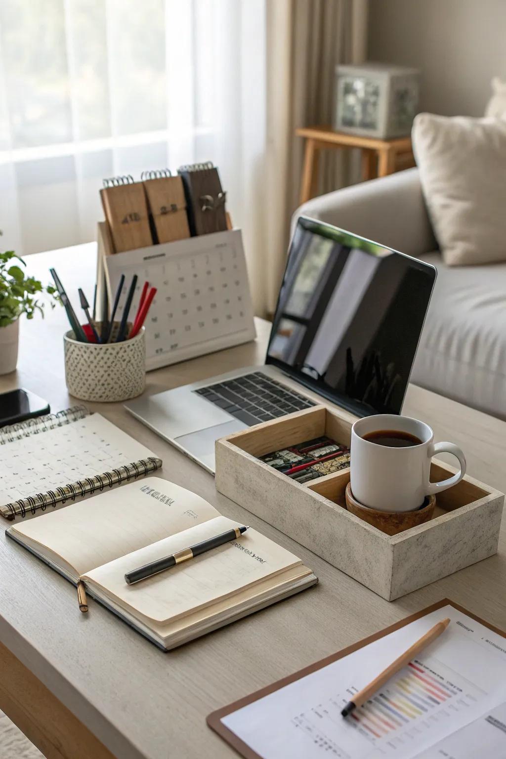 Functional accessories adding practicality and style to the desk.