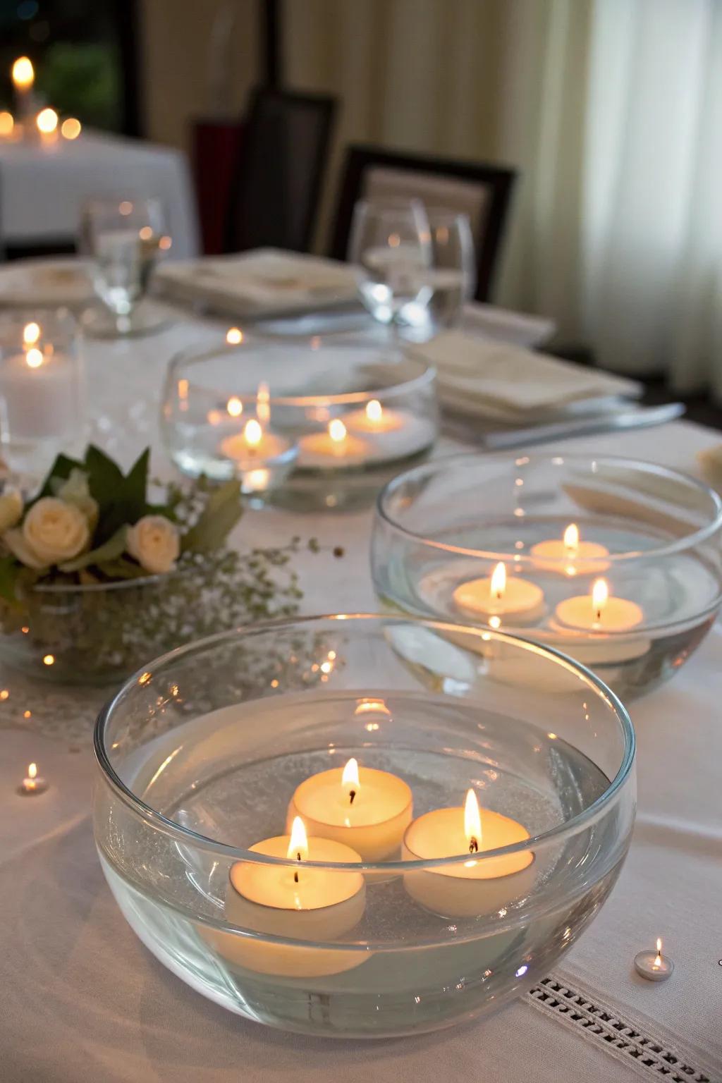 Suspended waxen lights fashion a serene and sophisticated ambiance.