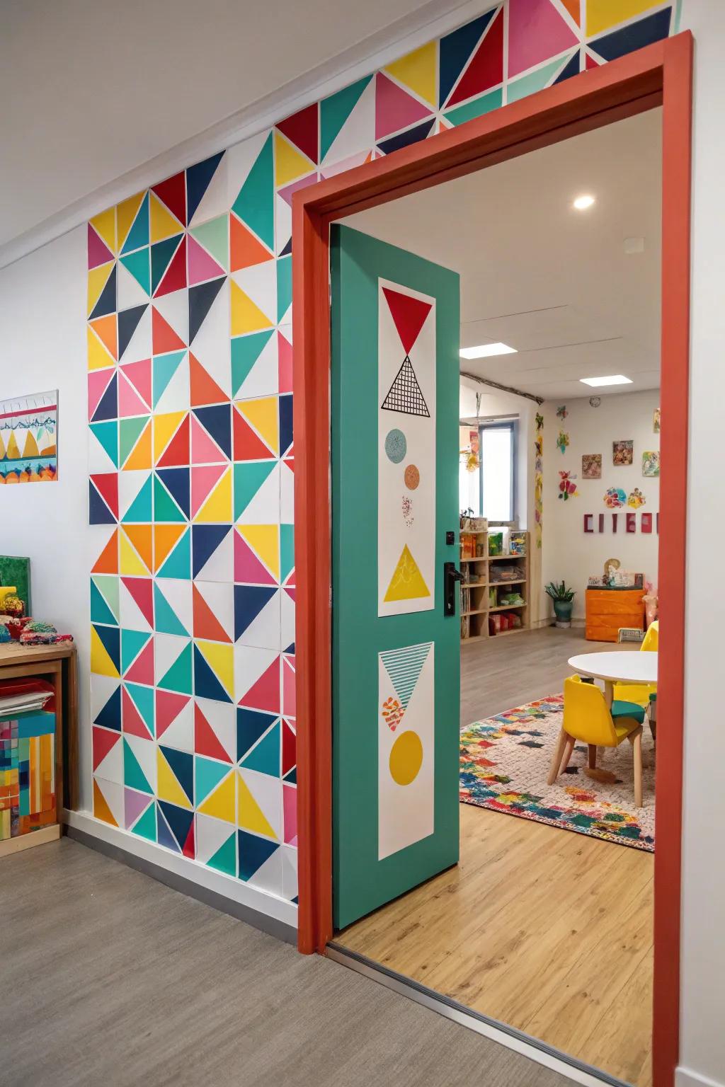 Geometric patterns on door trim bring a playful touch to this artistic space.