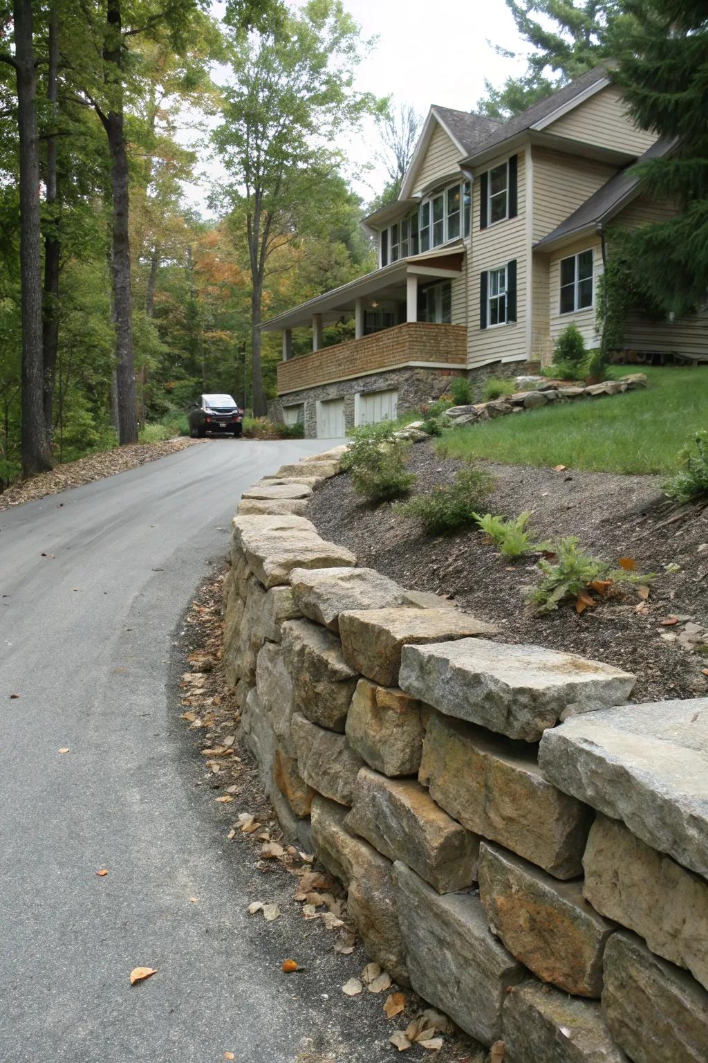 A stone retaining partition infuses rustic charm to the berm.