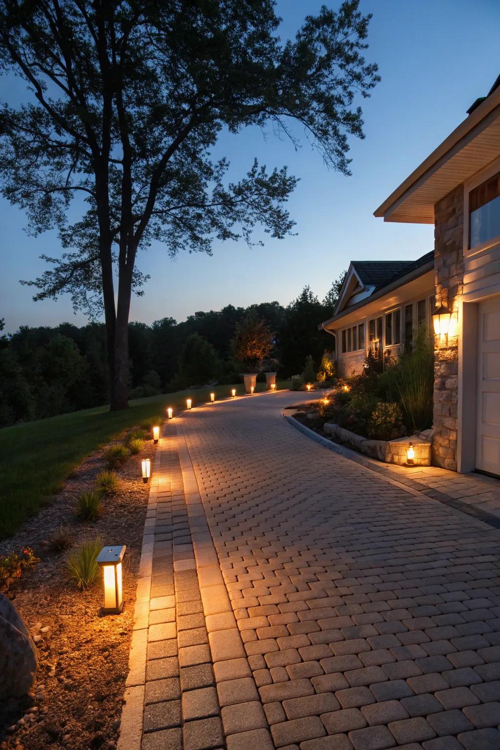 A magical evening driveway with integrated paver lighting.