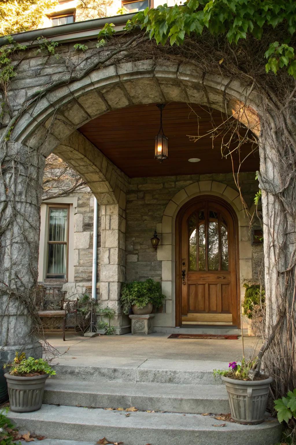 A beautiful stone archway that enhances the elegance of the front porch.