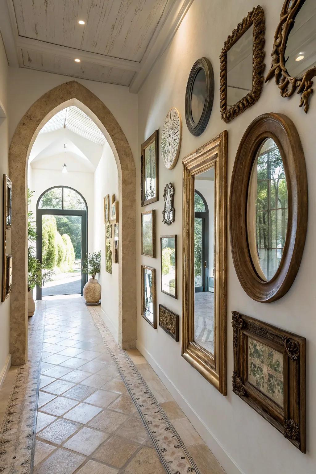 A mirror gallery wall creates an artful and reflective focal point in the entryway.